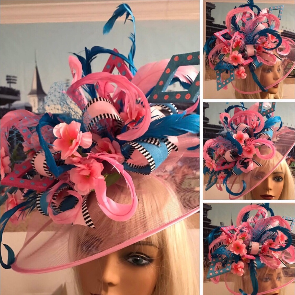 Pink and Blue Floral Feather Fascinator Hat for Women